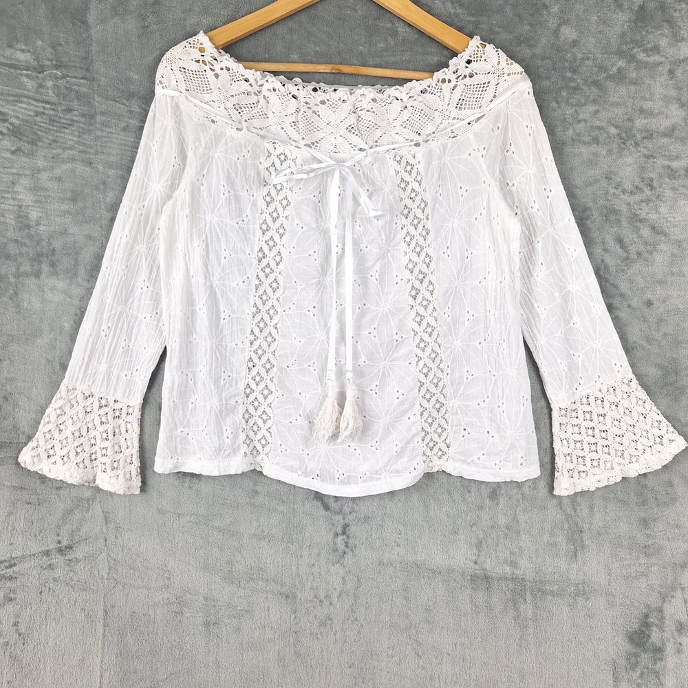 Womens Top XL White Off Shoulder Boho Chic Eyelet Romantic Floral Coquette Fairy